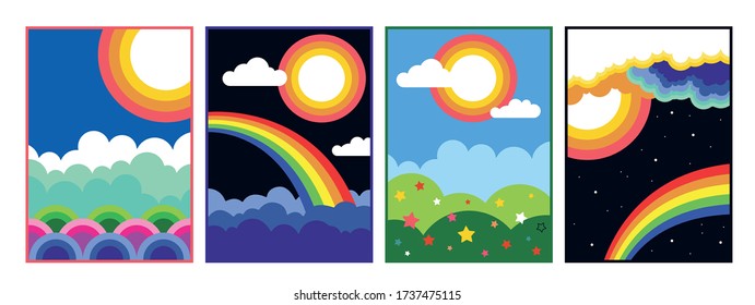 Psychedelic Art Style Outdoor Illustration 1960s Style, Abstract Landscapes, Rainbows, Clouds, Stars, Sun