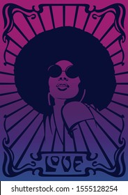 Psychedelic Art Style Poster from the 1960s, 1970s, Woman Afro Hairstyle and Sunglasses, Vintage Color Gradient, Art Nouveau Decorative Frame