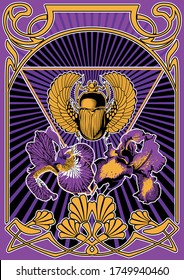 Psychedelic Art Style Poster, Egyptian Scarab, Iris Flowers, Abstract Background, Art Nouveau Frame