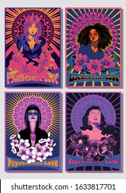 Psychedelic Art Style Poster Set Women and Flowers, Ornate Backgrounds, Psychedelic Colors