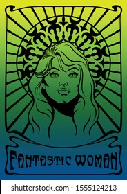 Psychedelic Art Style Poster Young Woman and Art Nouveau Decorative Frame