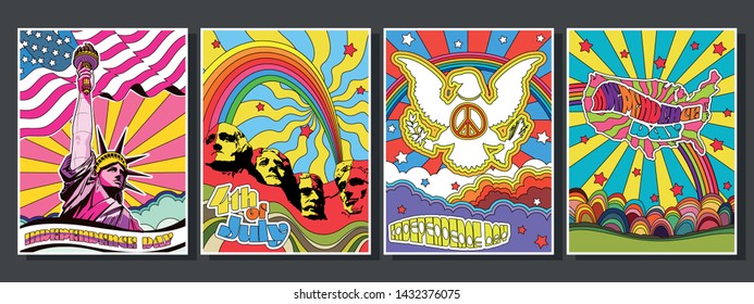 Psychedelic Art USA Independence Day Posters Set, Statue of Liberty, Coat of Arms, Rushmore Mount, US Map