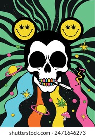 Psychedelic artificial skull mouse in outer space smoking cannabis. Hologram hippie killer acid lcd journey to outer space, planets with color around the universe, and stars vector