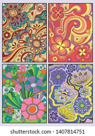 Psychedelic Arts Isolated Floral Backgrounds from the 1960s, Hippie Style, Vintage Colors