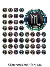 Psychedelic astrology, zodiac, and horoscope icons on round vector web buttons