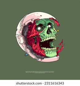 Las ilustraciones de arte de los vectores de cabeza zombie astronauta psicodélica combinan elementos cósmicos y detalles macabros. Ofrecen una representación visualmente cautivadora y surrealista de los no muertos en el espacio