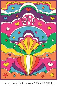 Psychedelic Background 1960s, 1970s Hippie Style Pattern, Bright Colors, Hearts, Stars, Love