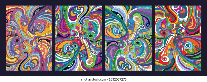 Psychedelic Background, 1960s Hippie Art Style Abstract Patterns 