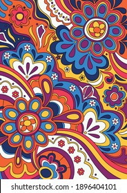 Psychedelic Background, 1960s Hippie Art Style Abstract Floral Pattern