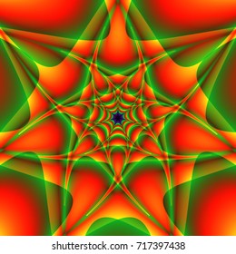 a psychedelic background with abstract orange shapes glowing with green illumination outward. vector 