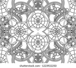 Psychedelic background of black geometric outlines on white background. Vector illustration with multiple mirror reflection. Abstract image of rings and ellipses intersecting with each other