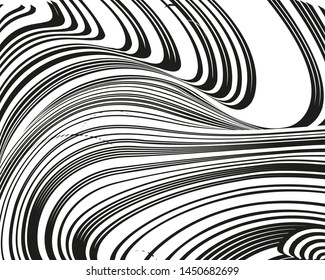 Psychedelic background with black white twisted wavy lines. Optical line art. Vector illustration for layouts, covers, banners, posters, advertising.
