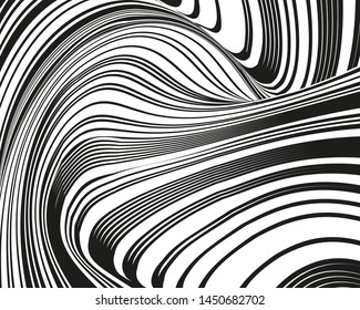 Psychedelic background with black white twisted wavy lines. Optical line art. Vector illustration for layouts, covers, banners, posters, advertising.
