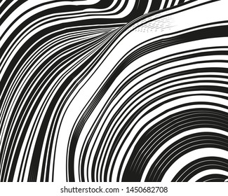 Psychedelic background with black white twisted wavy lines. Optical line art. Vector illustration for layouts, covers, banners, posters, advertising.
