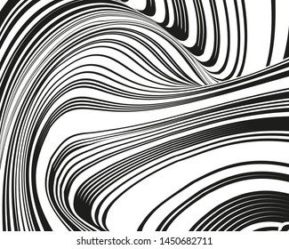 Psychedelic background with black white twisted wavy lines. Optical line art. Vector illustration for layouts, covers, banners, posters, advertising.
