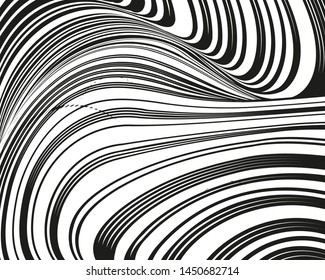 Psychedelic background with black white twisted wavy lines. Optical line art. Vector illustration for layouts, covers, banners, posters, advertising.
