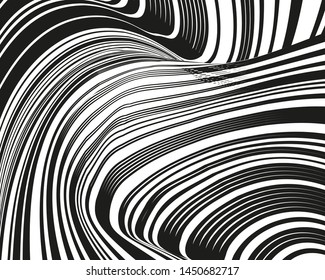 Psychedelic background with black white twisted wavy lines. Optical line art. Vector illustration for layouts, covers, banners, posters, advertising.
