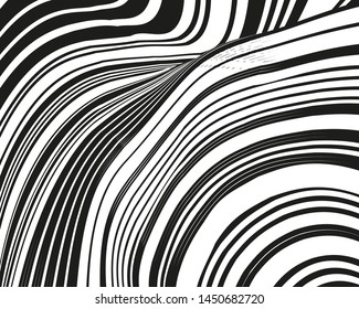 Psychedelic background with black white twisted wavy lines. Optical line art. Vector illustration for layouts, covers, banners, posters, advertising.
