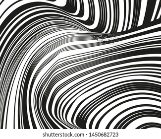 Psychedelic background with black white twisted wavy lines. Optical line art. Vector illustration for layouts, covers, banners, posters, advertising.
