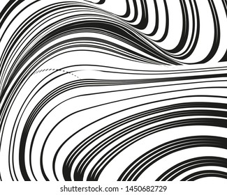 Psychedelic background with black white twisted wavy lines. Optical line art. Vector illustration for layouts, covers, banners, posters, advertising.
