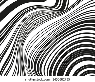 Psychedelic background with black white twisted wavy lines. Optical line art. Vector illustration for layouts, covers, banners, posters, advertising.
