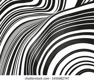 Psychedelic background with black white twisted wavy lines. Optical line art. Vector illustration for layouts, covers, banners, posters, advertising.
