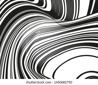 Psychedelic background with black white twisted wavy lines. Optical line art. Vector illustration for layouts, covers, banners, posters, advertising.
