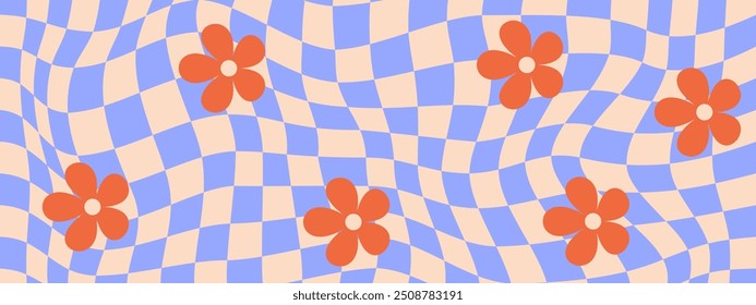 Psychedelic background with distorted grid pattern and daisy flower in trendy retro trippy style. Y2k aesthetic. Vector illustration.