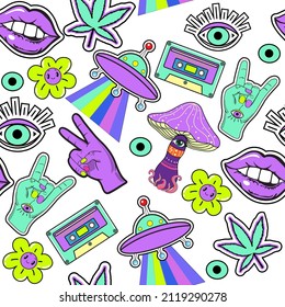 Psychedelic background with hippie elements in retro 70s style seamless pattern. Vector illustration modern trend on a white background