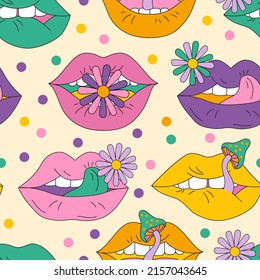 Psychedelic background lips with flowers, mushrooms in 70s 80s retro hippie style. Funky open mouth with teeth, sensual lips, polka dot seamless pattern. Vector illustration for contemporary design
