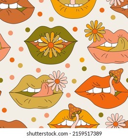 Psychedelic background lips with flowers, mushrooms in 70s 80s retro hippie style. Funky open mouth with teeth, sensual lips, polka dot seamless pattern. Vector illustration for contemporary design