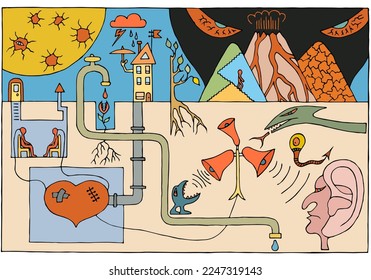 Psychedelic background with mysterious events. Freehand drawing. Doodle. Hand Drawn. Outline.