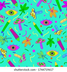 Patrón de fondo psicodélico. patrón alucinogénico con ojos coloridos lápices de hongos entre ellos hojas de cannabis estilo vector vibrante moderno efecto psicodélico decorativo.