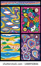 Psychedelic Background Set 1960s, 1970s Style, Colorful Patterns, Flowers, Clouds, Rainbows, Hearts Hippie Art