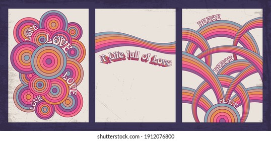 Psychedelic Background Set, 1960s, 1970s Colorful Illustrations, Love and Peace Poster Templates 