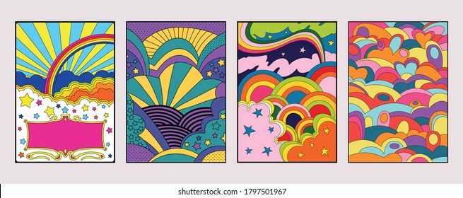 Psychedelic Background Set 1960s Style, Bright Colors, Vintage Shapes, Rainbows, Clouds and Stars