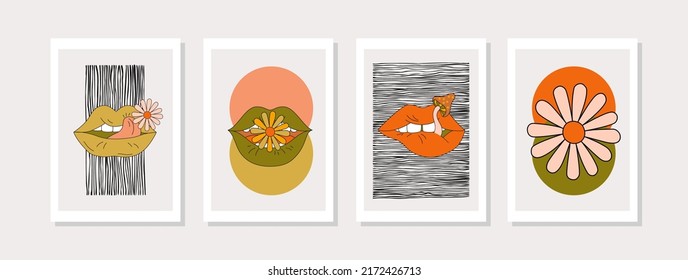 Psychedelic background set in 70s 80s retro hippie style. Abstract funky open mouth, sensual lips mushroom, daisy flower poster collection. Vector illustration for minimal print, poster, wall decor