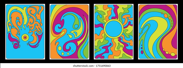 Psychedelic Background Set, Abstract Wavy Patterns, Psychedelic Colors 1960s Style 