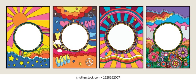 Psychedelic Background Set, Decorative Cover, Poster Templates 1960s Hippie Art Style 