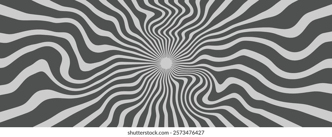 Psychedelic background with swirling black and white lines. The background creates a hypnotic, wavy texture with black and white contrast. Psychedelic pattern background vector. Gray background.