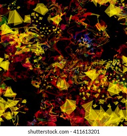 Psychedelic background of twisted fibers red and yellow crystals on a black backdrop. Seamless template.