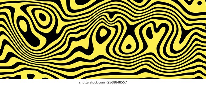 Psychedelic background with wavy black and yellow patterns. The background features bold yellow and black swirls and lines. Psychedelic pattern background vector. Yellow background.