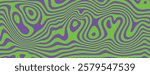 Psychedelic background with wavy green and purple patterns. The background features vibrant green and purple swirls and curves. Psychedelic pattern background vector. Green background.