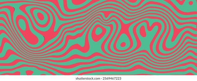 Psychedelic background with wavy green and red patterns. The background features vibrant green and red swirls, creating a dynamic texture. Psychedelic pattern background vector. Green background.