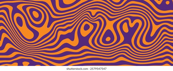 Psychedelic background with wavy orange and purple patterns. The background features vibrant orange and purple swirls and curves. Psychedelic pattern background vector. Purple background.