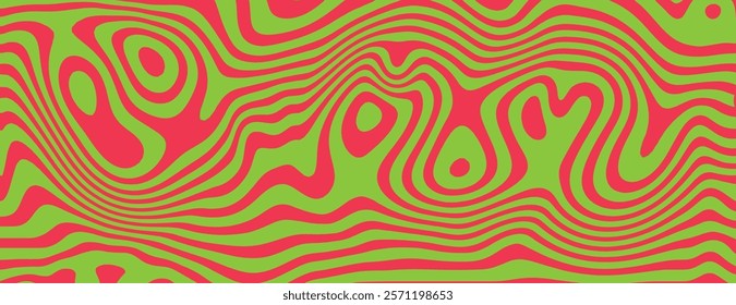 Psychedelic background with wavy red and green patterns. The background features vibrant red and green colors in a swirling texture. Psychedelic pattern background vector. Green background.