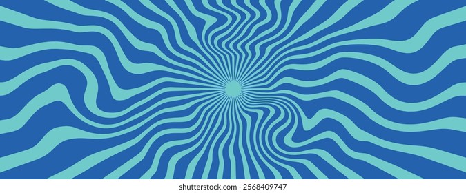 Psychedelic background with wavy teal lines on a blue background, creating a dynamic, hypnotic effect. Teal and blue colors dominate. Psychedelic pattern background vector. Blue background.