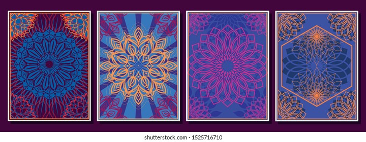 Psychedelic Backgrounds, Colorful Ornate Patterns, Vector Set of Cover, Poster Template 