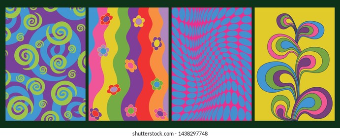 Psychedelic Backgrounds Hippie Art Style from the 1960s, Vintage Shapes and Colors, Cover Templates