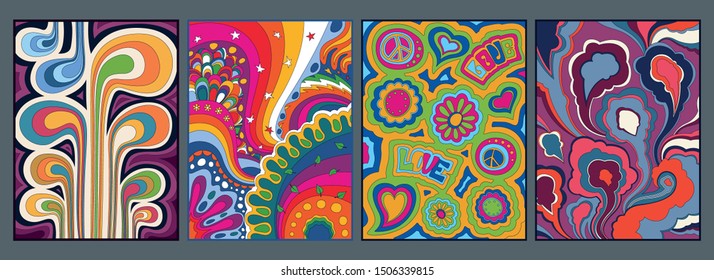 Psychedelic Backgrounds, Poster, Wallpapers, Cover Templates, Vintage Colors, 1960s Style 